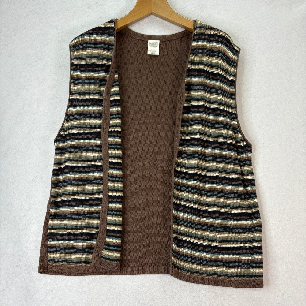 Vtg Old Navy Mens XL Brown Striped Knit Button Up Sweater‎ Vest Grandpa Grunge
